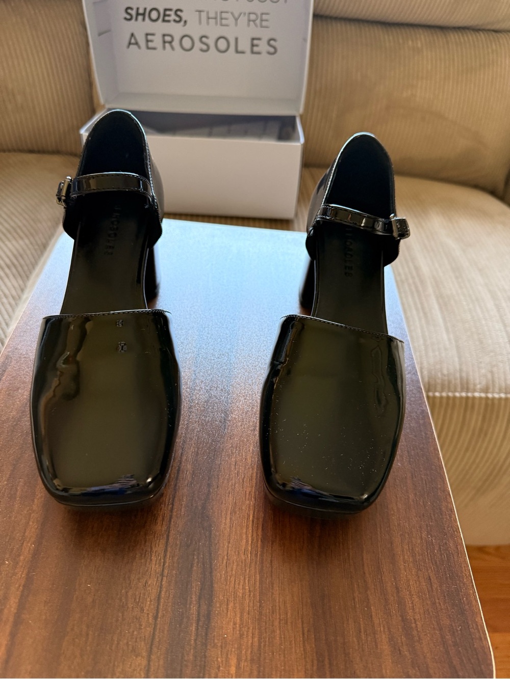 AEROSOLES Black Patent Mary Jane Flats with Square Toe